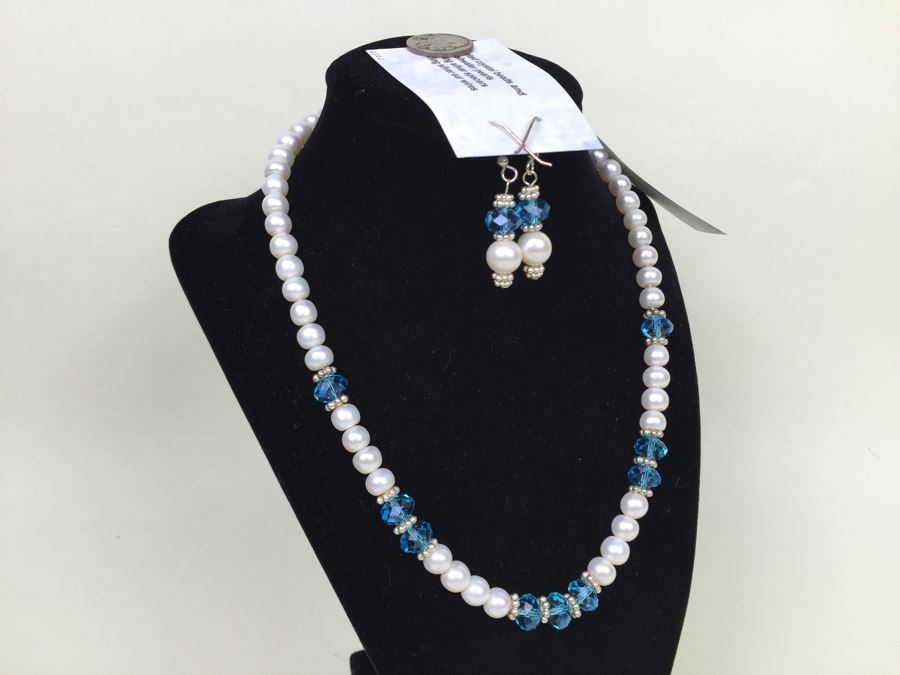 Freshwater Pearls With Turquoise Crystal Beads And Sterling Silver Spacers And Clasp