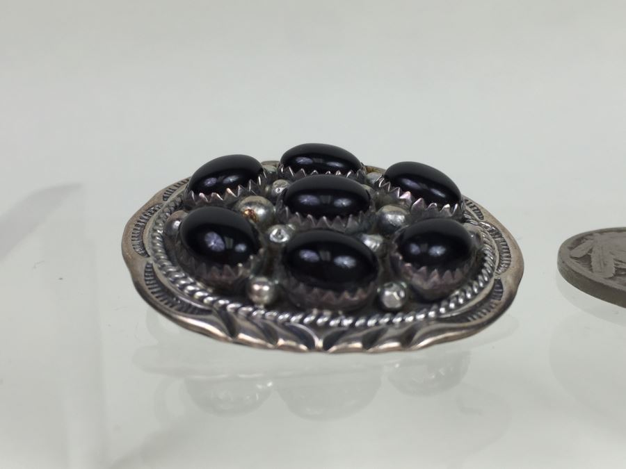 Sterling Silver Brooch Pin Pendant With Black Onyx Stones Signed F [Photo 6]