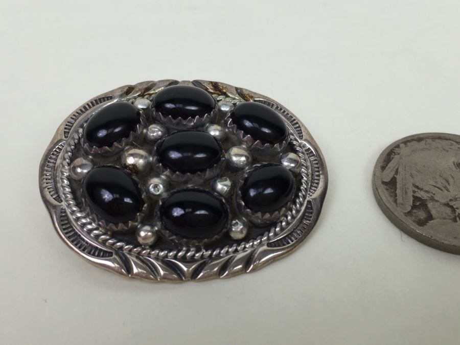 Sterling Silver Brooch Pin Pendant With Black Onyx Stones Signed F [Photo 7]