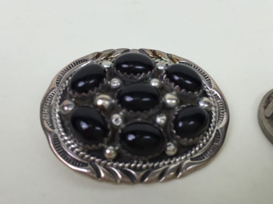 Sterling Silver Brooch Pin Pendant With Black Onyx Stones Signed F [Photo 8]