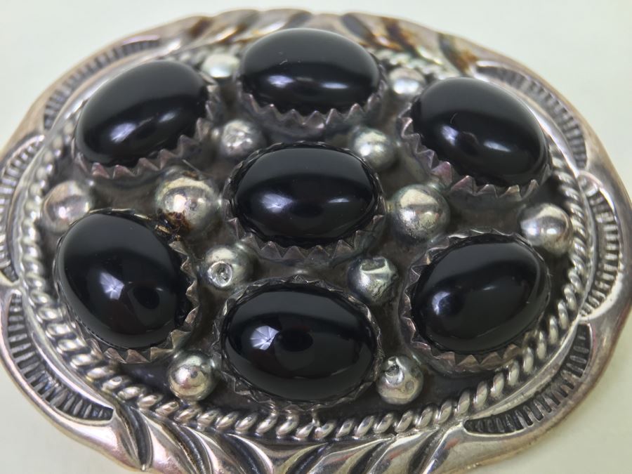 Sterling Silver Brooch Pin Pendant With Black Onyx Stones Signed F [Photo 2]