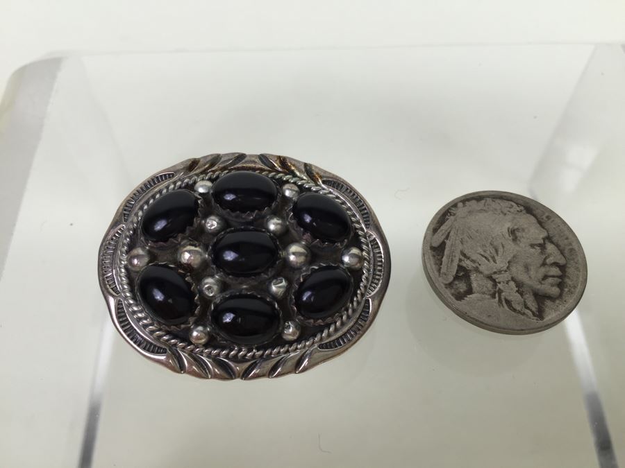 Sterling Silver Brooch Pin Pendant With Black Onyx Stones Signed F [Photo 5]