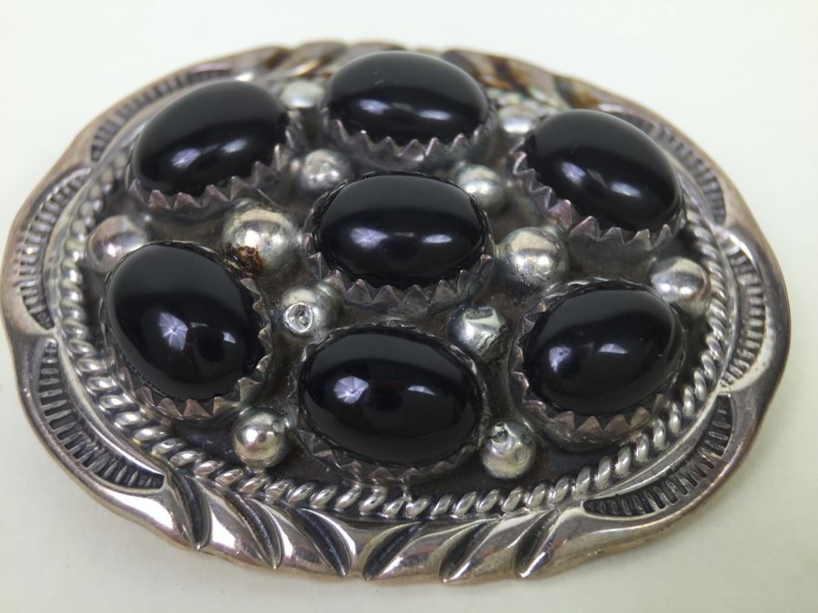 Sterling Silver Brooch Pin Pendant With Black Onyx Stones Signed F [Photo 12]