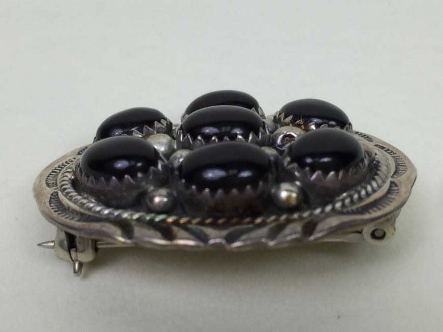 Sterling Silver Brooch Pin Pendant With Black Onyx Stones Signed F [Photo 10]
