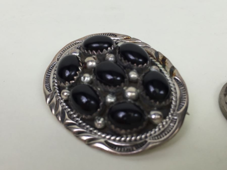Sterling Silver Brooch Pin Pendant With Black Onyx Stones Signed F [Photo 9]