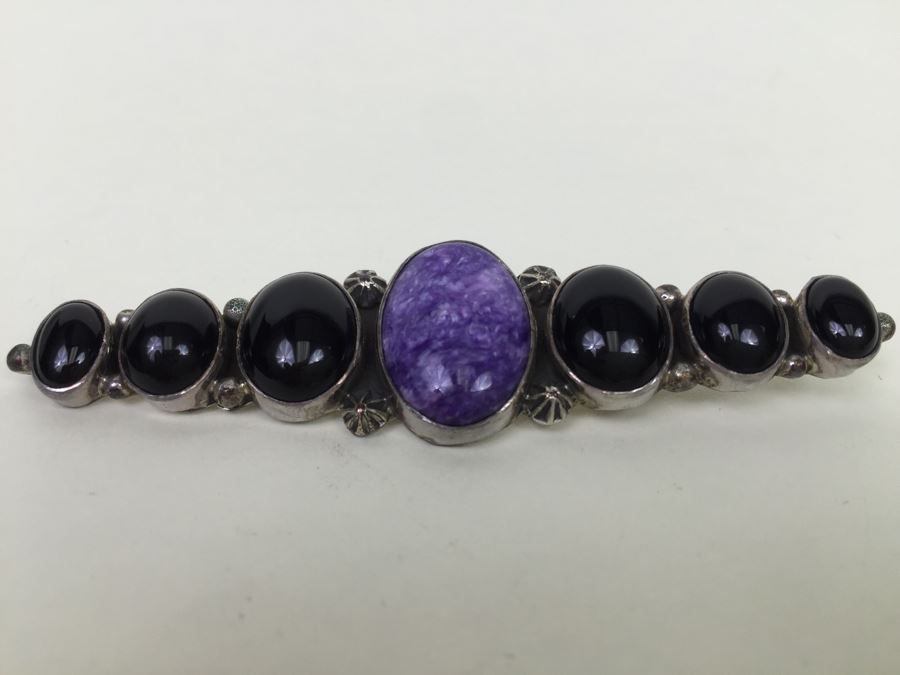 Vintage Sterling Silver Brooch Pin With Purple Charoite And Onyx Gemstones 12.6g Signed [Photo 5]