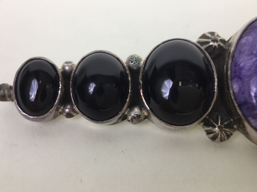 Vintage Sterling Silver Brooch Pin With Purple Charoite And Onyx Gemstones 12.6g Signed [Photo 3]