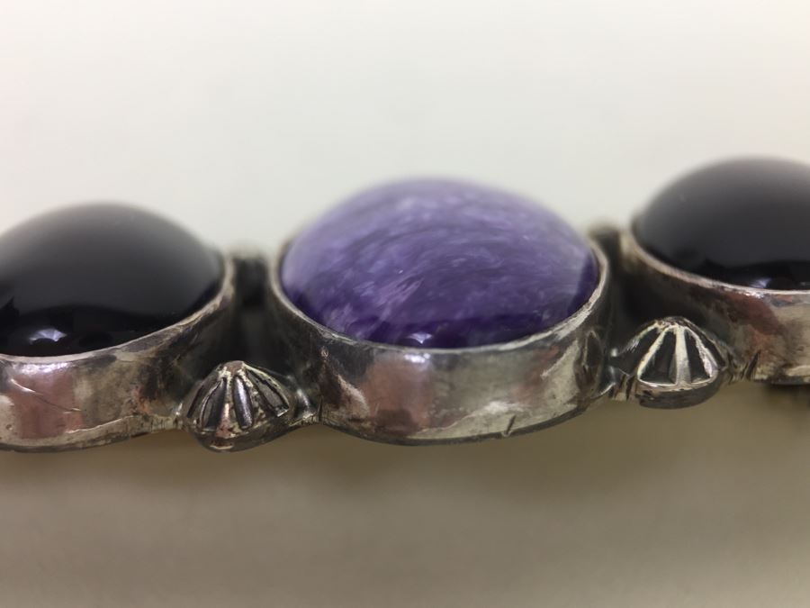 Vintage Sterling Silver Brooch Pin With Purple Charoite And Onyx Gemstones 12.6g Signed [Photo 11]