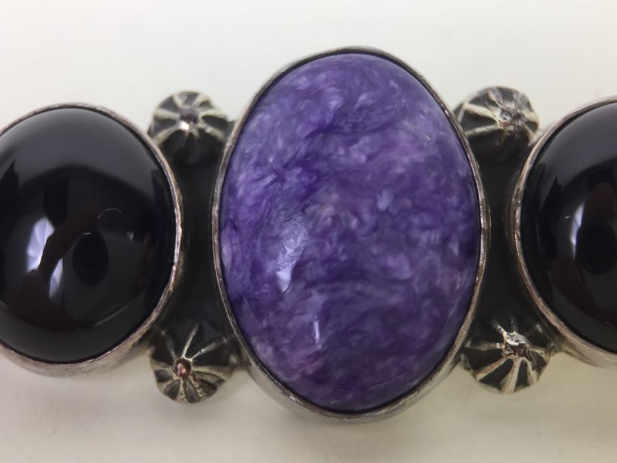 Vintage Sterling Silver Brooch Pin With Purple Charoite And Onyx Gemstones 12.6g Signed [Photo 2]