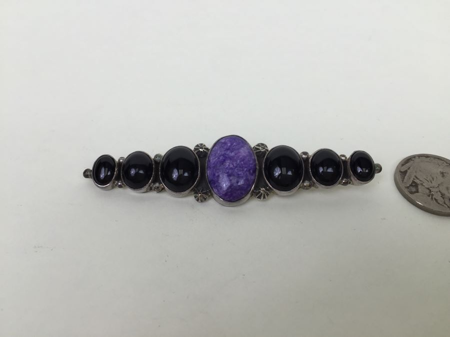 Vintage Sterling Silver Brooch Pin With Purple Charoite And Onyx Gemstones 12.6g Signed [Photo 1]