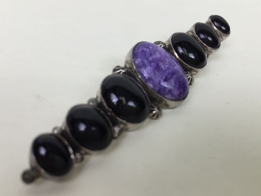 Vintage Sterling Silver Brooch Pin With Purple Charoite And Onyx Gemstones 12.6g Signed [Photo 9]