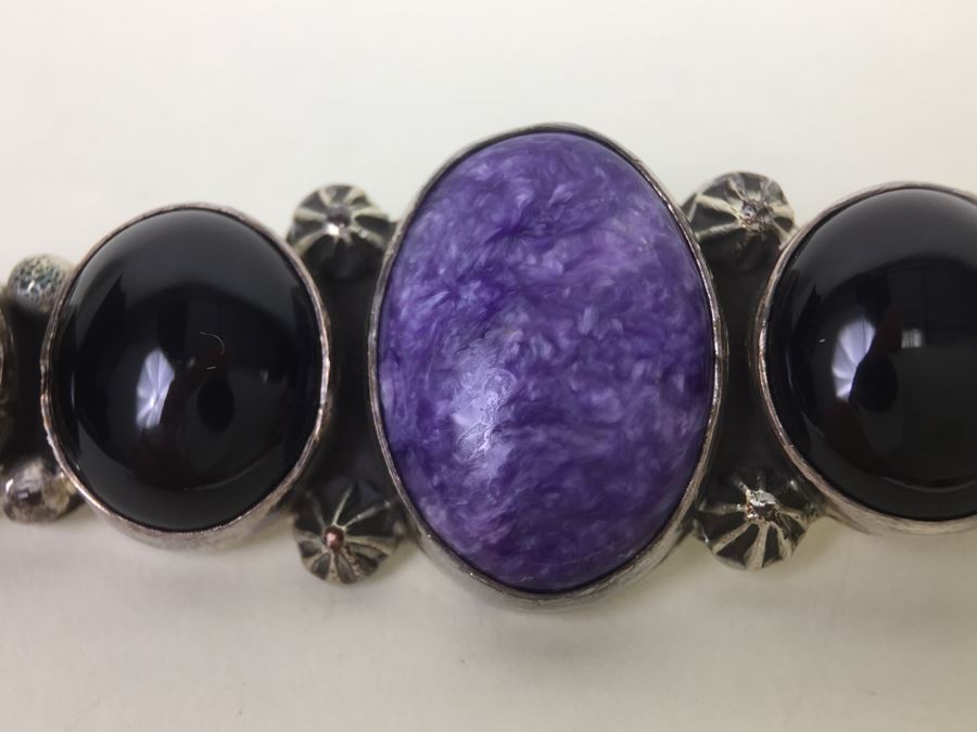 Vintage Sterling Silver Brooch Pin With Purple Charoite And Onyx Gemstones 12.6g Signed [Photo 10]