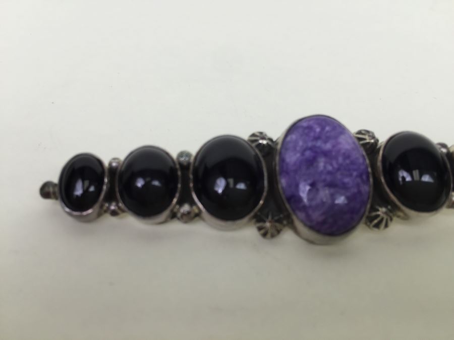 Vintage Sterling Silver Brooch Pin With Purple Charoite And Onyx Gemstones 12.6g Signed [Photo 6]