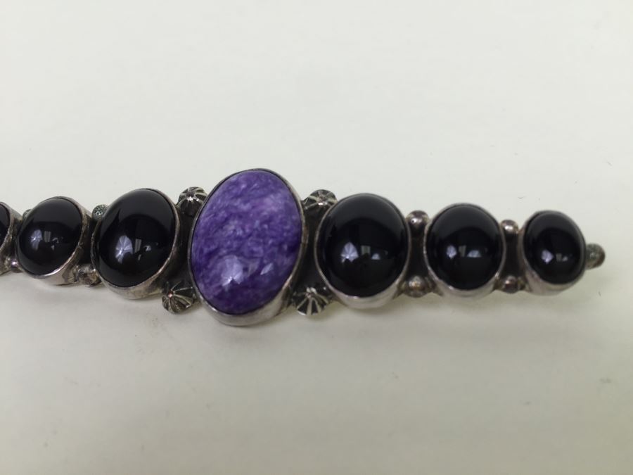 Vintage Sterling Silver Brooch Pin With Purple Charoite And Onyx Gemstones 12.6g Signed [Photo 7]