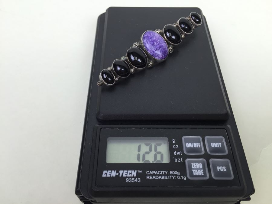 Vintage Sterling Silver Brooch Pin With Purple Charoite And Onyx Gemstones 12.6g Signed [Photo 12]