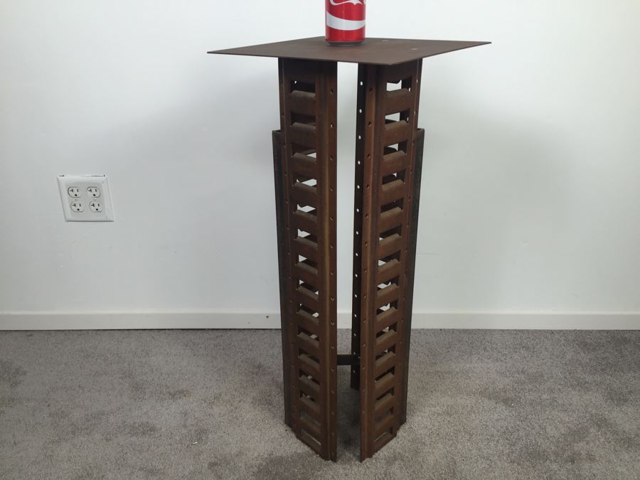 Custom Industrial Metal Sculpture Pedestal Side Table By Karen Dugan Hand Signed [Photo 2]
