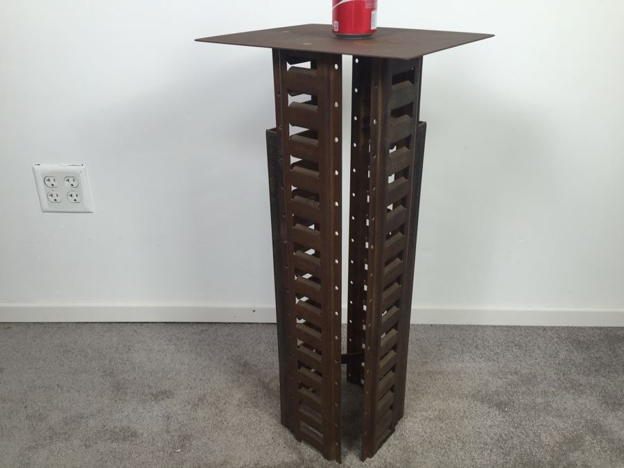 Custom Industrial Metal Sculpture Pedestal Side Table By Karen Dugan Hand Signed [Photo 9]