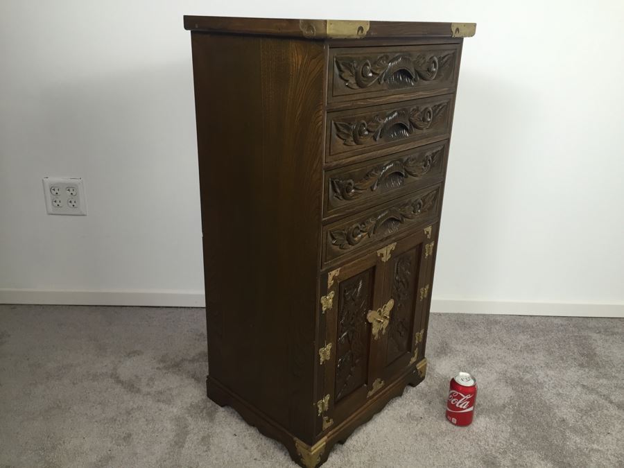 Vintage Korean Silverware Chest Cabinet With Lock And Key