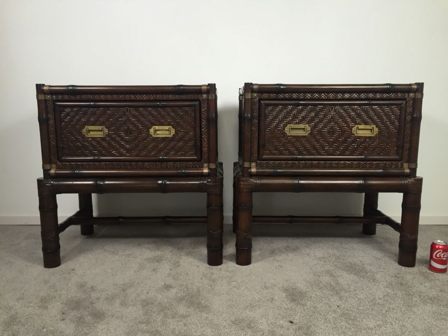 Pair Of Ralph Lauren Hollywood Regency Side Tables With Drawer Bamboo Motif [Photo 1]
