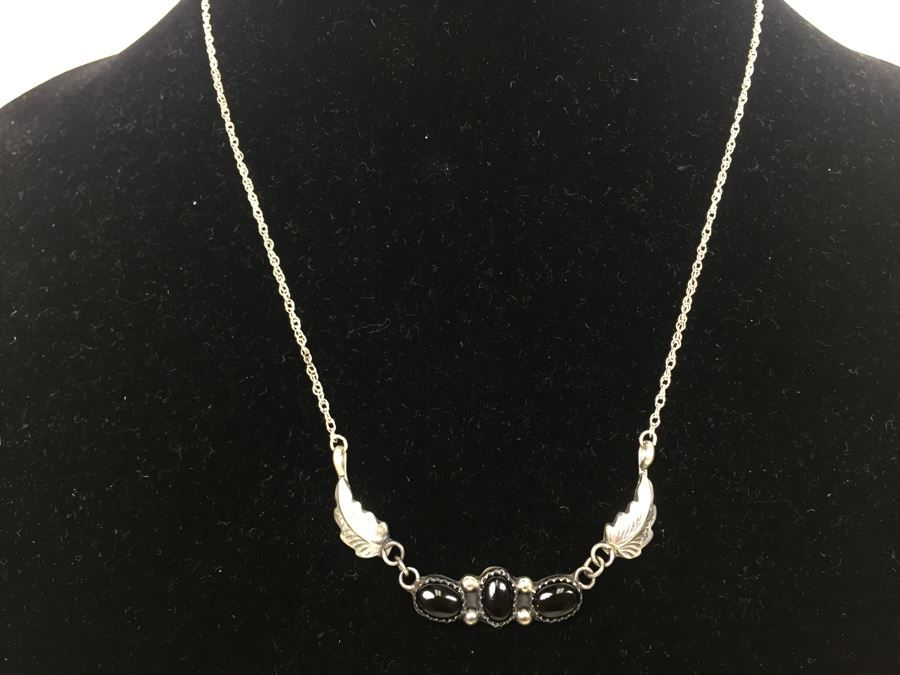 Sterling Silver And Black Onyx Necklace 6.4g Signed RB Sterling - *JUST ADDED*