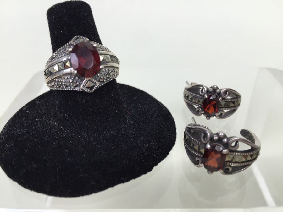 Sterling Silver Thai Ring With Marcasites And Earring Set 14.5g *JUST ADDED* [Photo 1]