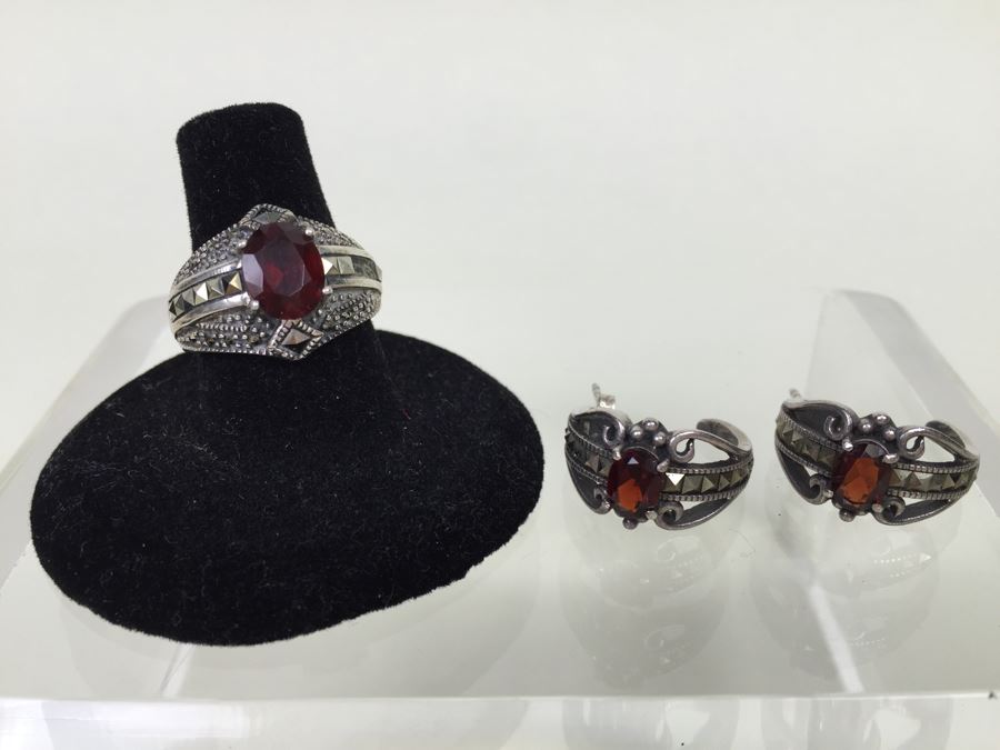 Sterling Silver Thai Ring With Marcasites And Earring Set 14.5g *JUST ADDED* [Photo 4]