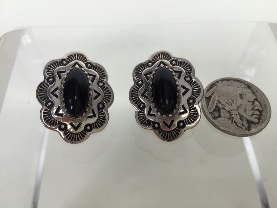 Sterling Silver Black Onyx Earrings 10.3g Signed J. R. Silversmiths *JUST ADDED* [Photo 1]