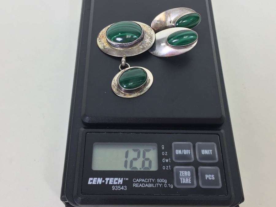 Sterling Silver Malachite Brooch Pin And Earring Set Sign A W *JUST ADDED* [Photo 13]