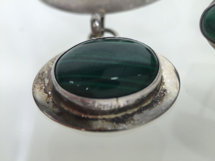 Sterling Silver Malachite Brooch Pin And Earring Set Sign A W *JUST ADDED* [Photo 7]