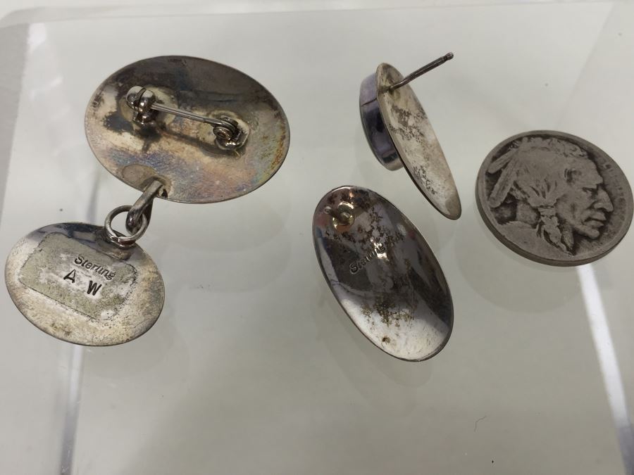 Sterling Silver Malachite Brooch Pin And Earring Set Sign A W *JUST ADDED* [Photo 3]