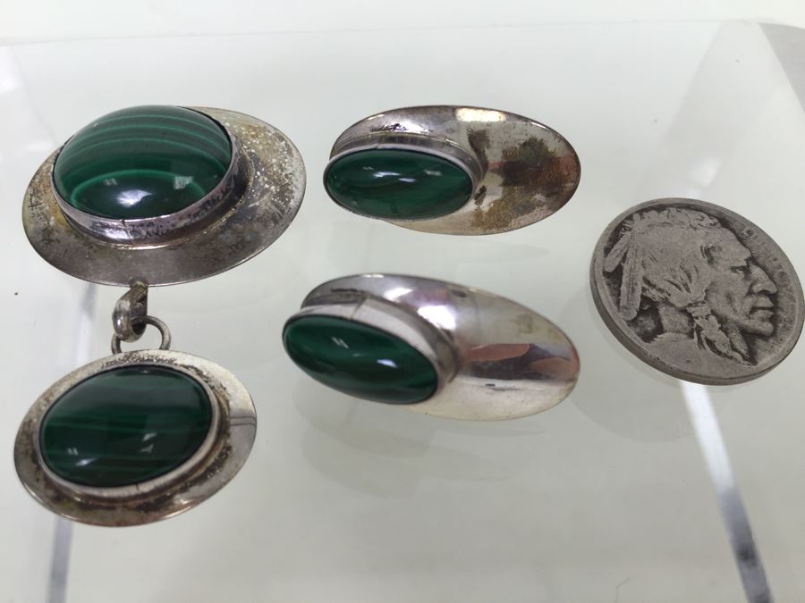 Sterling Silver Malachite Brooch Pin And Earring Set Sign A W *JUST ADDED* [Photo 1]