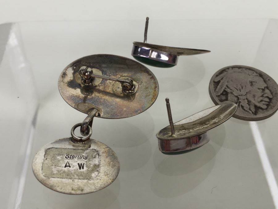 Sterling Silver Malachite Brooch Pin And Earring Set Sign A W *JUST ADDED* [Photo 12]