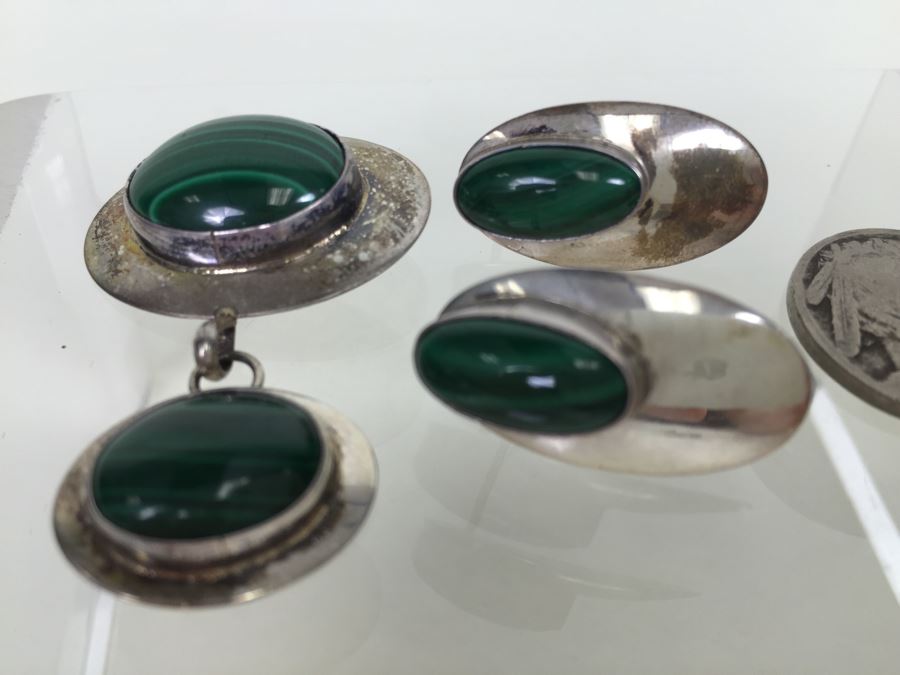 Sterling Silver Malachite Brooch Pin And Earring Set Sign A W *JUST ADDED* [Photo 4]
