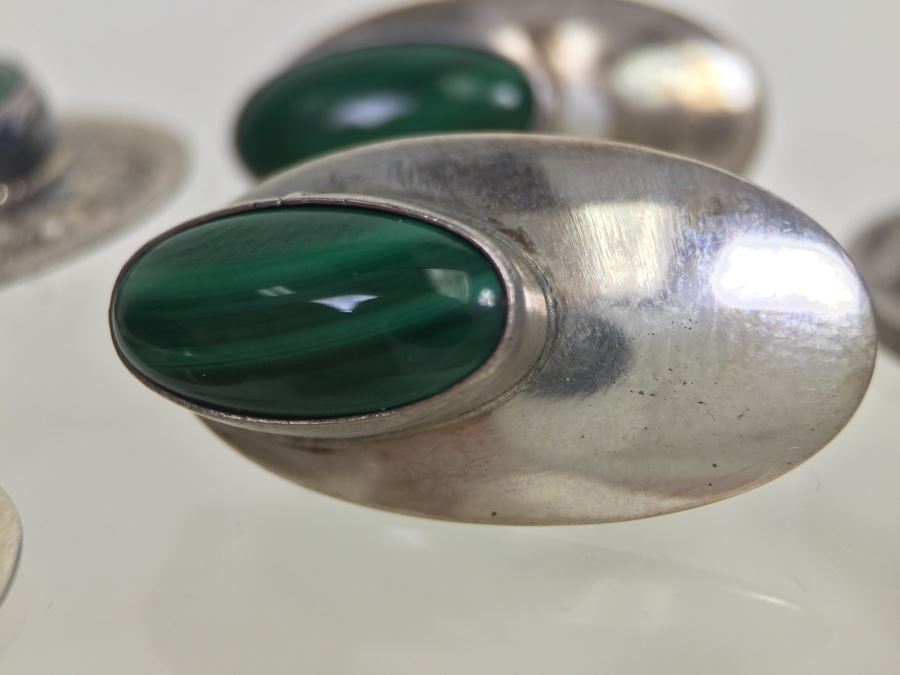 Sterling Silver Malachite Brooch Pin And Earring Set Sign A W *JUST ADDED* [Photo 2]