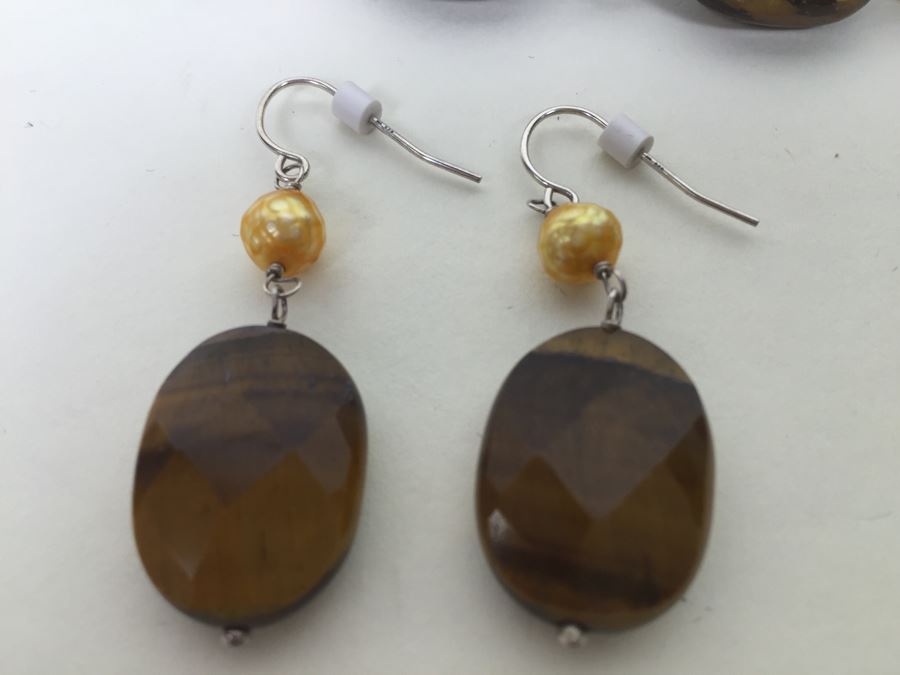 Sterling Silver Brown Tiger Eye Necklace With 2 Pairs Of Tiger Eye Earrings 84.0g *JUST ADDED* [Photo 9]