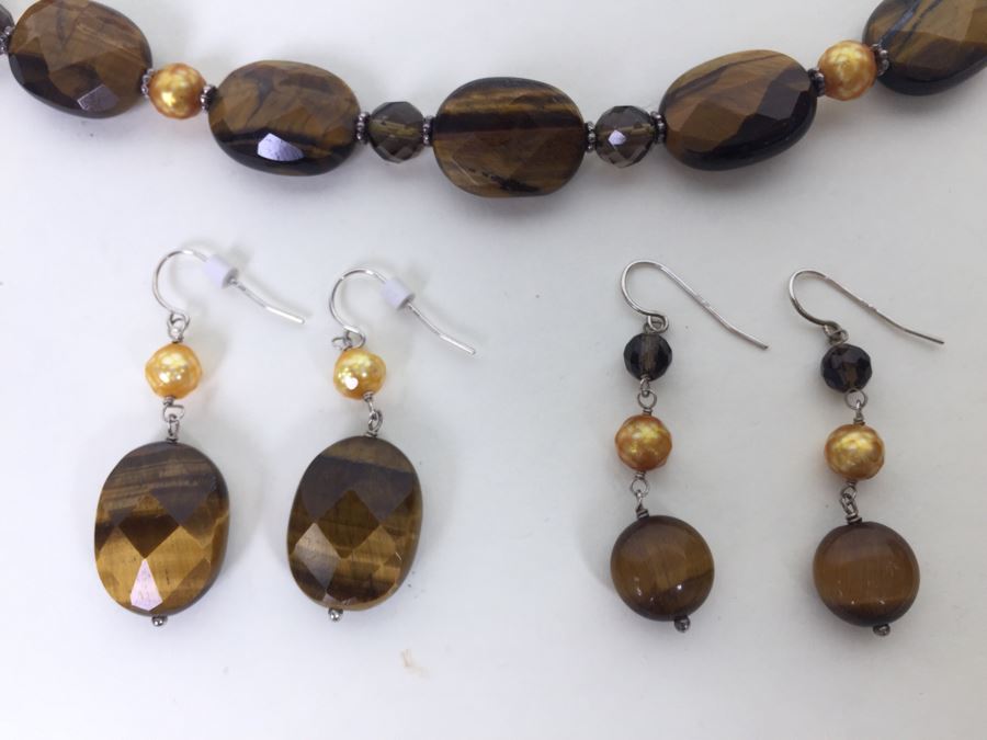Sterling Silver Brown Tiger Eye Necklace With 2 Pairs Of Tiger Eye Earrings 84.0g *JUST ADDED* [Photo 20]