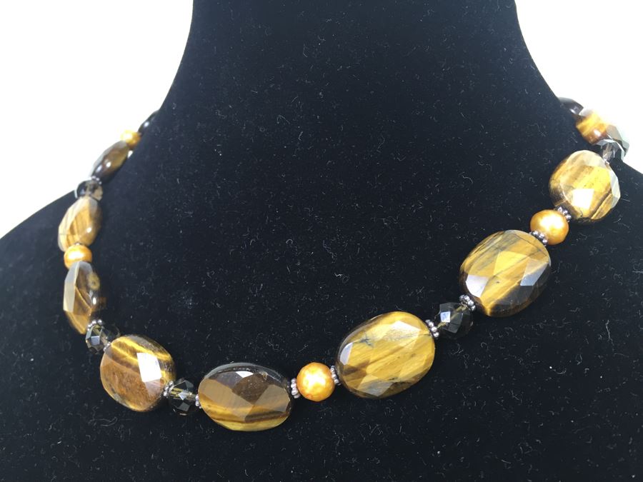 Sterling Silver Brown Tiger Eye Necklace With 2 Pairs Of Tiger Eye Earrings 84.0g *JUST ADDED*