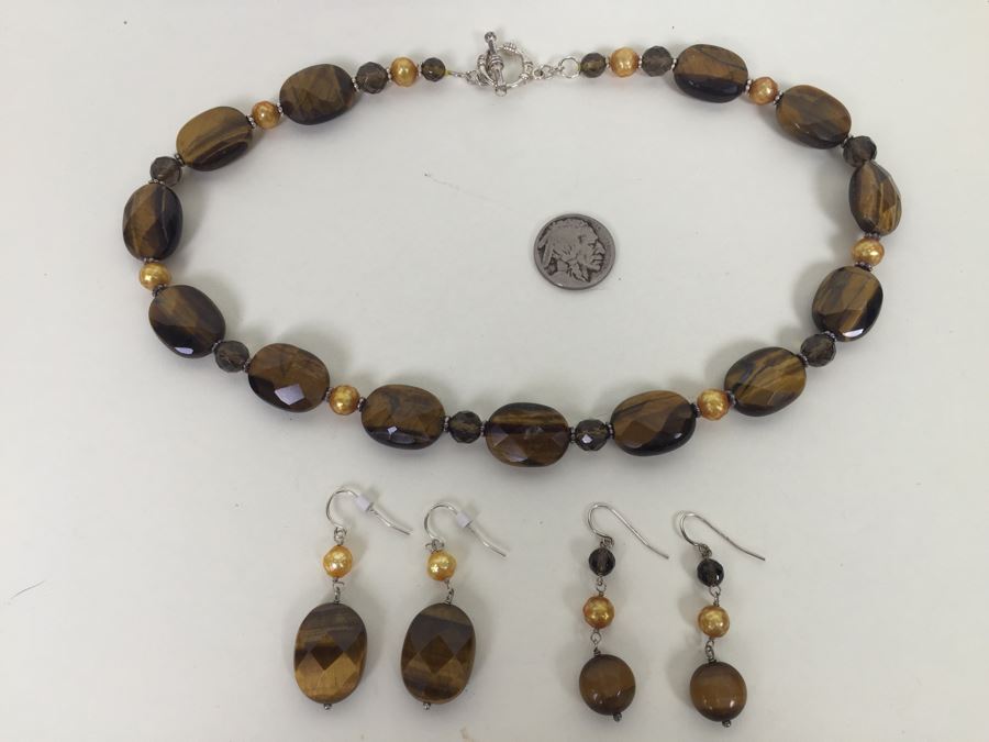 Sterling Silver Brown Tiger Eye Necklace With 2 Pairs Of Tiger Eye Earrings 84.0g *JUST ADDED* [Photo 2]