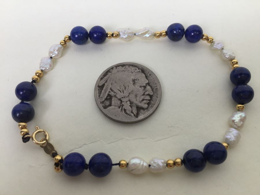 Bracelet With Lapis Lazuli Stones, Pearls And 14K Gold Spacers And 14K Gold Clasp 5.5g *JUST ADDED* [Photo 4]