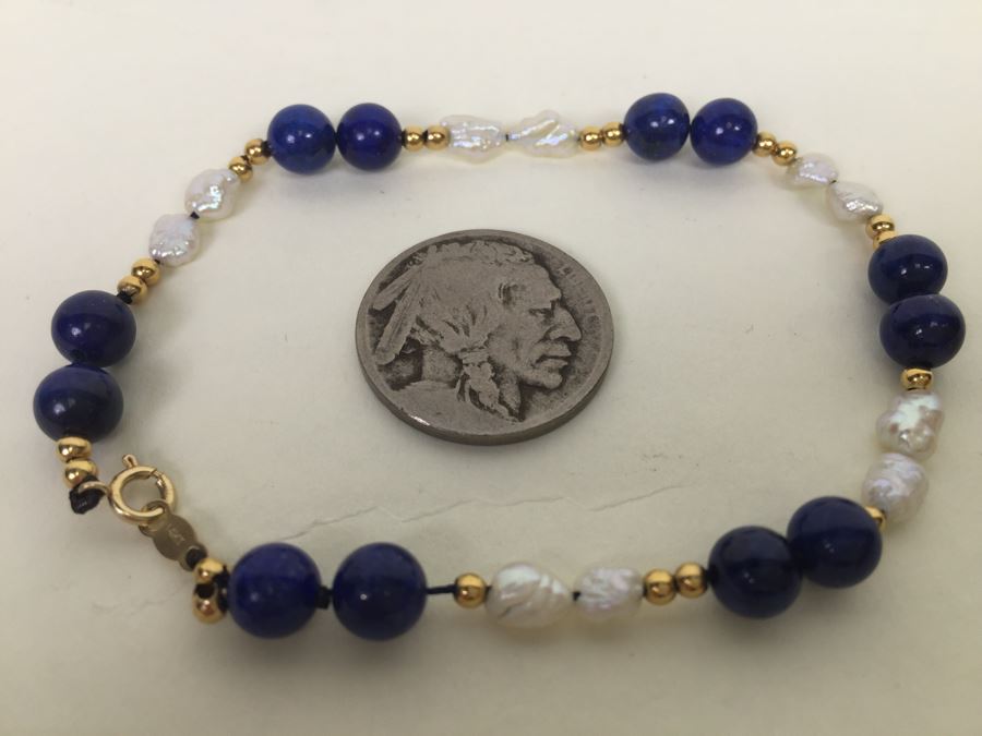 Bracelet With Lapis Lazuli Stones, Pearls And 14K Gold Spacers And 14K Gold Clasp 5.5g *JUST ADDED* [Photo 1]