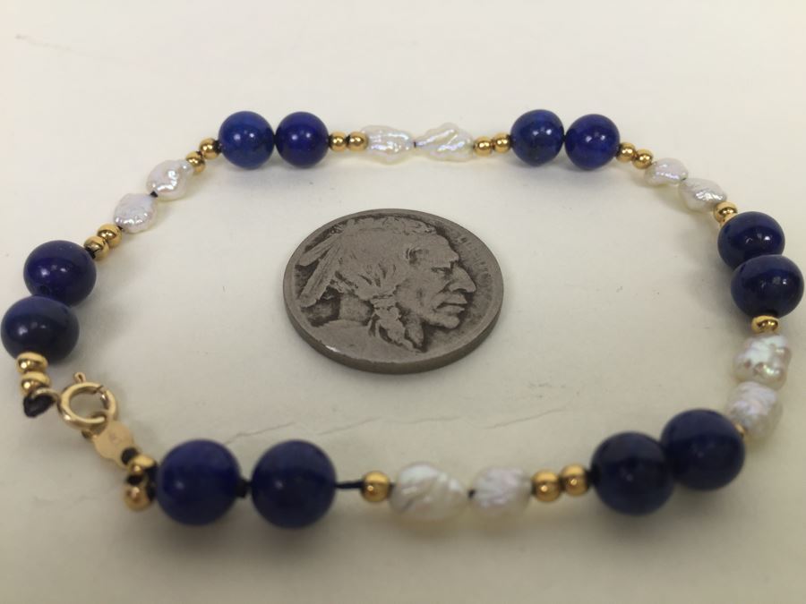 Bracelet With Lapis Lazuli Stones, Pearls And 14K Gold Spacers And 14K Gold Clasp 5.5g *JUST ADDED* [Photo 5]