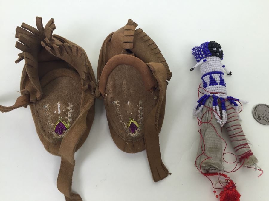 Vintage Child's Leather Moccasins And Beaded Doll *JUST ADDED*
