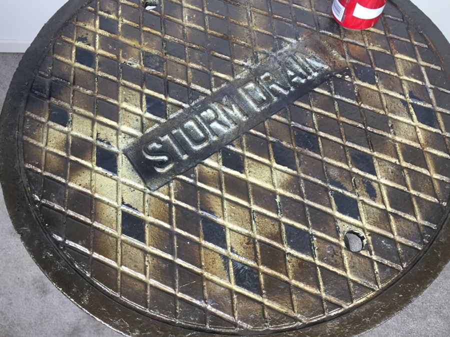 Very Heavy Industrial Steampunk Thick 'Storm Drain' Top Cafe Table With Cast Iron Pedestal Base *JUST ADDED* [Photo 15]