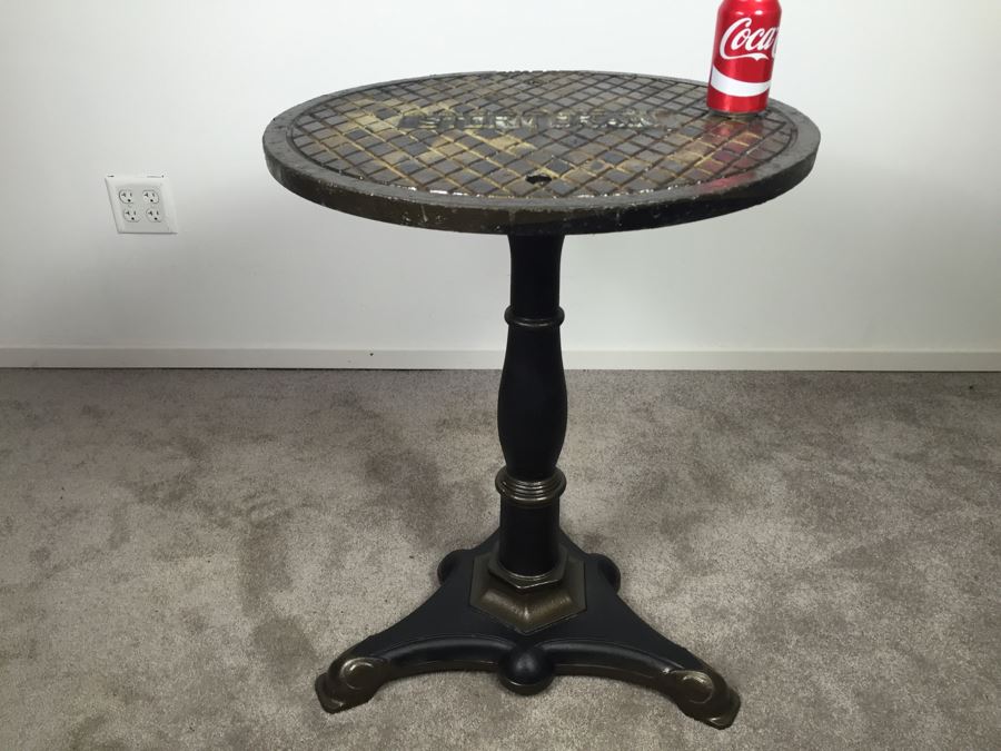 Very Heavy Industrial Steampunk Thick 'Storm Drain' Top Cafe Table With Cast Iron Pedestal Base *JUST ADDED*