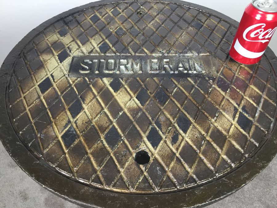 Very Heavy Industrial Steampunk Thick 'Storm Drain' Top Cafe Table With Cast Iron Pedestal Base *JUST ADDED* [Photo 2]