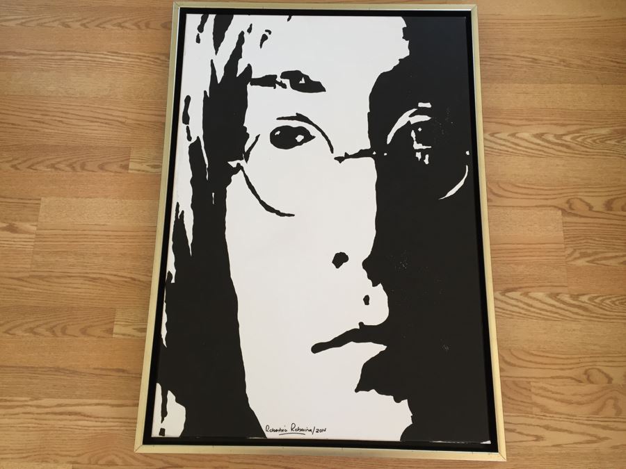 Original B&W Oil Painting Of John Lennon By Cuban Artist Roberto Robaina On Canvas 100 X 70CM Signed Front And Back 'Imagine' [Photo 7]