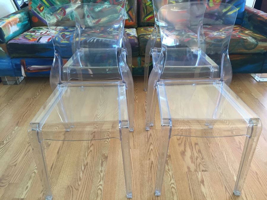 Set Of 4 Domitalia Crystal Clear Lucite Chairs Made In Italy Retails For $1,476