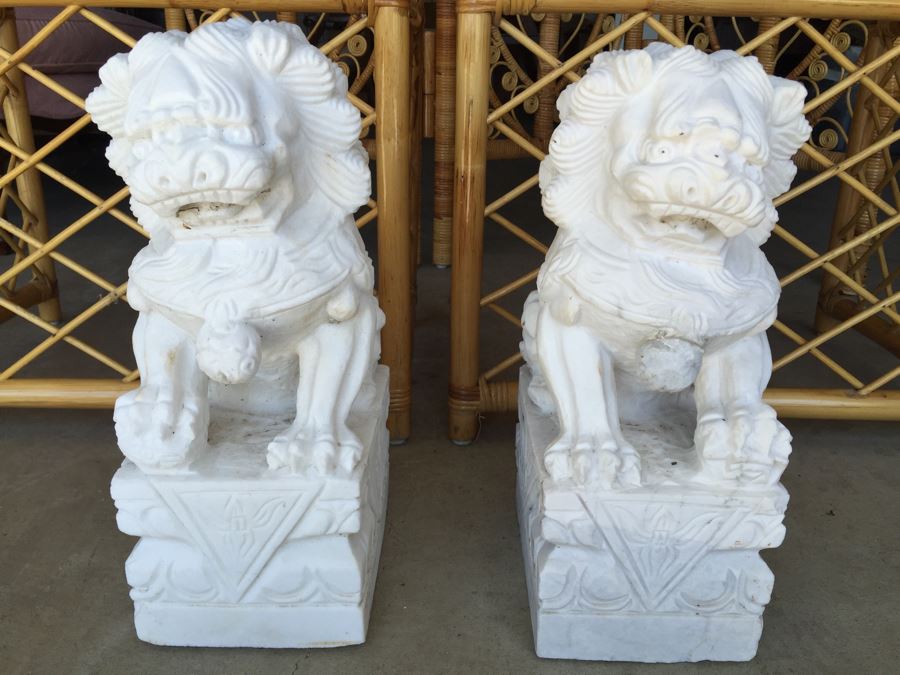 Hand Carved White Stone Foo Dogs