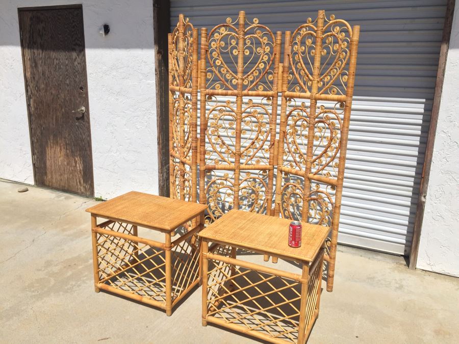 Pair Of Wicker Bamboo End Tables And 3-Panel Screen Divider [Photo 2]