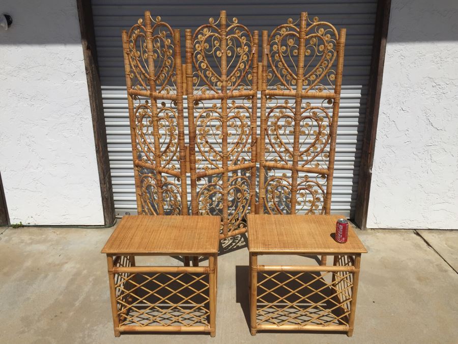 Pair Of Wicker Bamboo End Tables And 3-Panel Screen Divider [Photo 15]